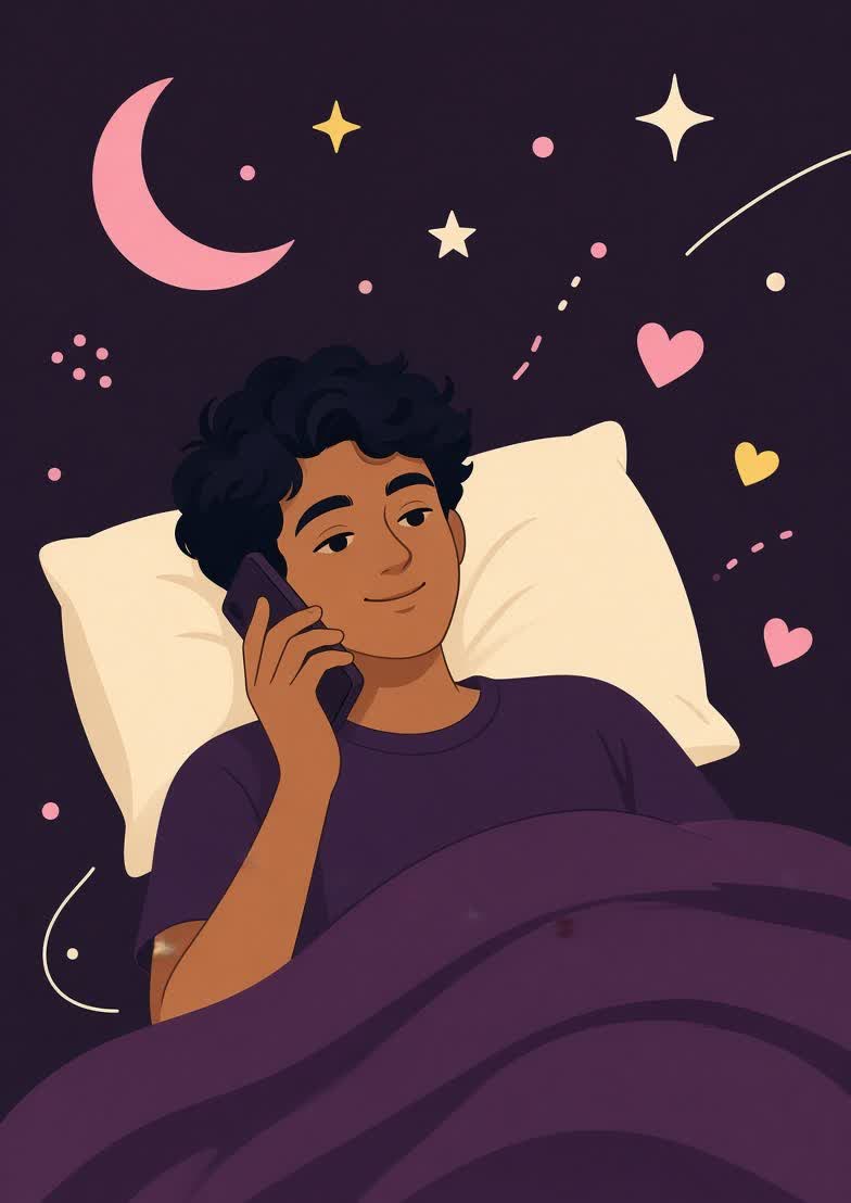 Illustration of a young man lying in bed at night, talking on his phone with a small smile