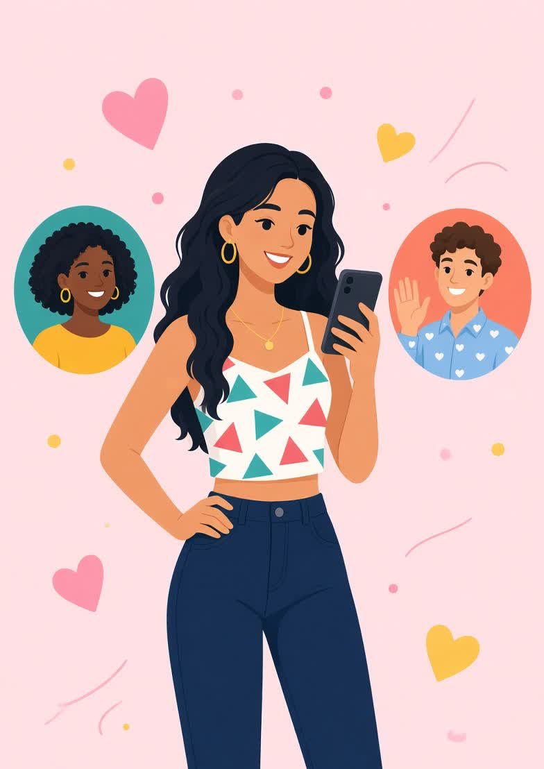 Illustration of a young woman on a call, with two friends' avatars beside her